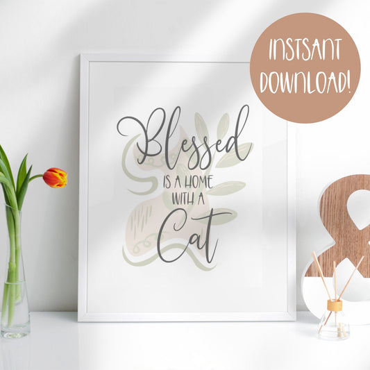 Blessed is a Home with a Cat, Cat Boho Wall Art Decor for Home Bedroom Office, Gift for Cat Lover, Digital Printable Art