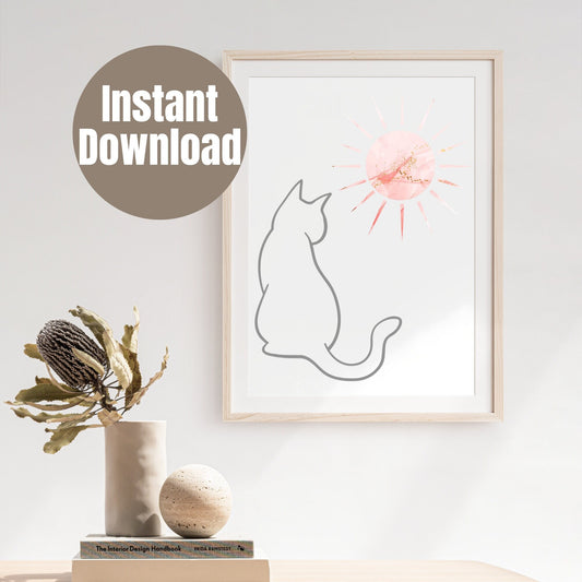 Grey Line Art Cat with Pink Bohemian Celestial Sun Wall Art Printable Canvas Poster Decor for Living Room Bedroom