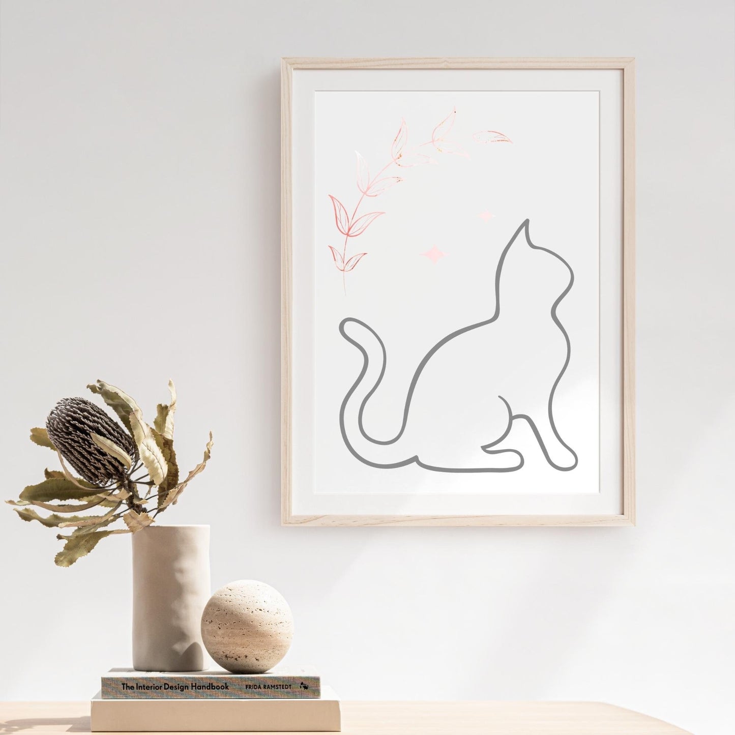 Grey Line Art Cat with Pink Bohemian Celestial Flower Design Wall Art Printable Canvas Poster Decor for Living Room Bedroom