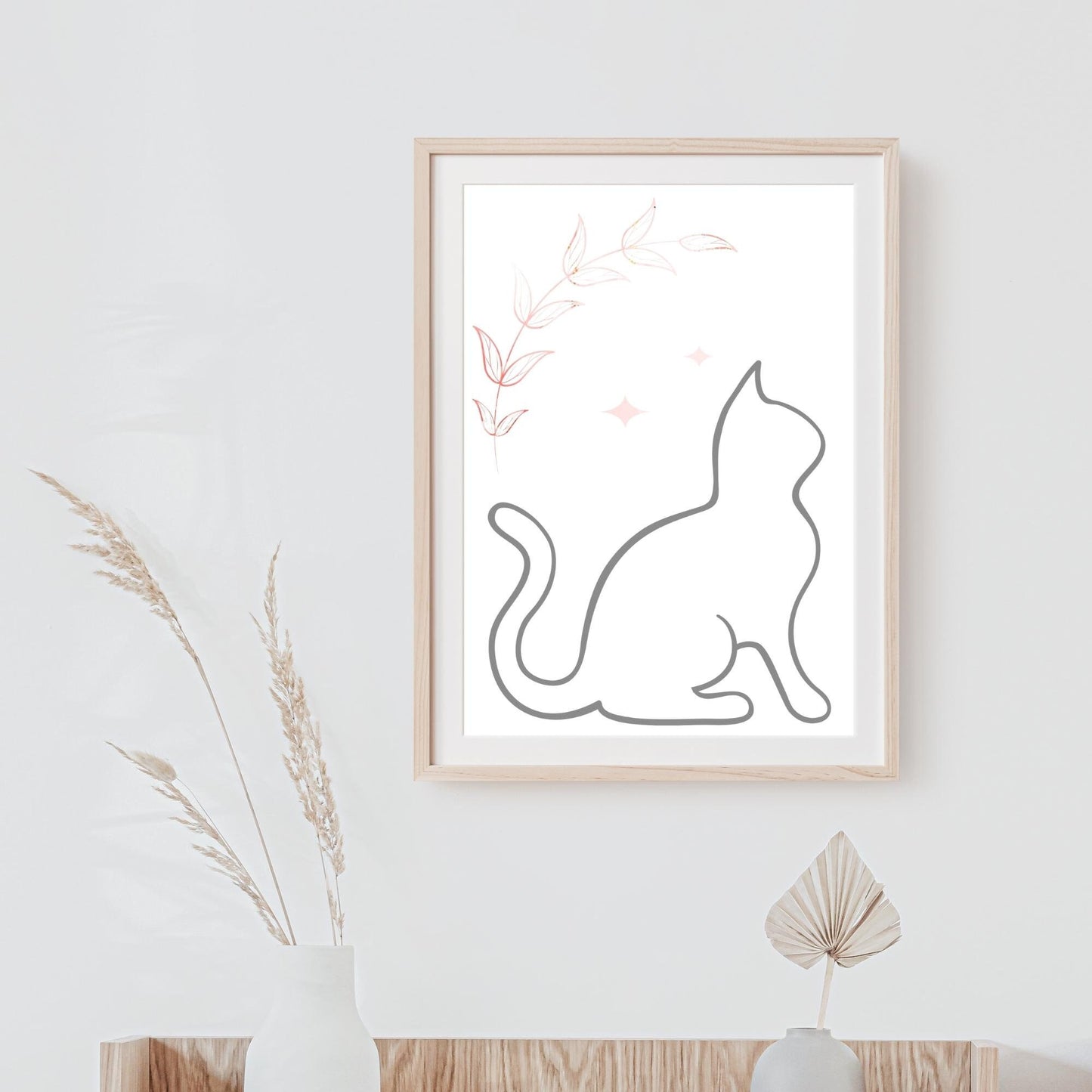 Grey Line Art Cat with Pink Bohemian Celestial Flower Design Wall Art Printable Canvas Poster Decor for Living Room Bedroom