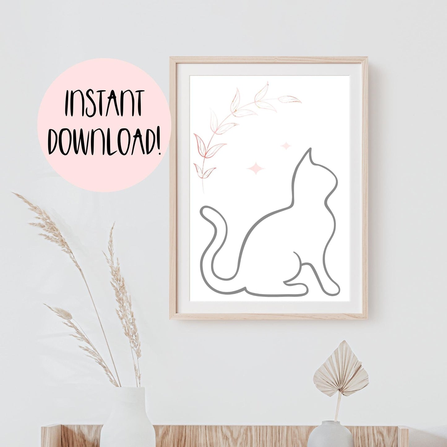 Grey Line Art Cat with Pink Bohemian Celestial Flower Design Wall Art Printable Canvas Poster Decor for Living Room Bedroom