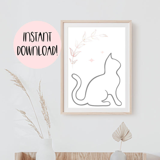 Grey Line Art Cat with Pink Bohemian Celestial Flower Design Wall Art Printable Canvas Poster Decor for Living Room Bedroom