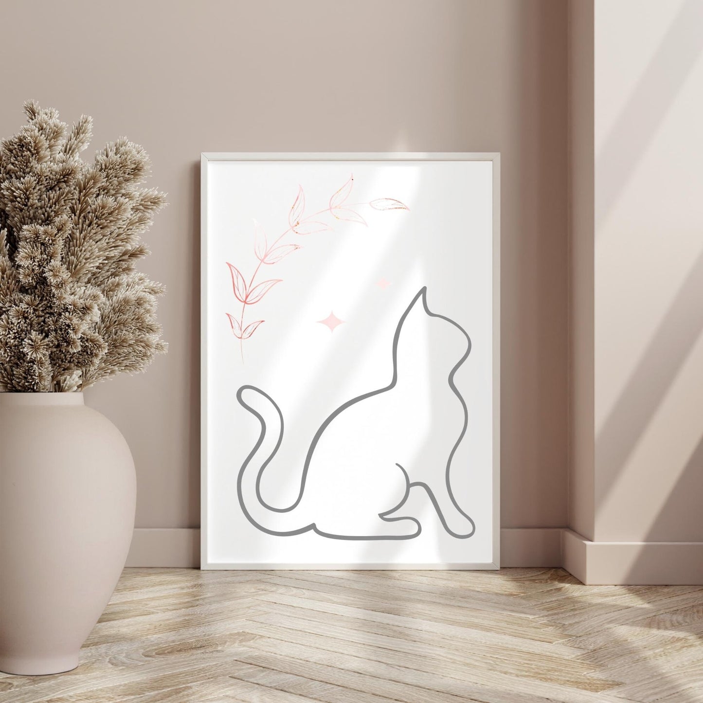 Grey Line Art Cat with Pink Bohemian Celestial Flower Design Wall Art Printable Canvas Poster Decor for Living Room Bedroom