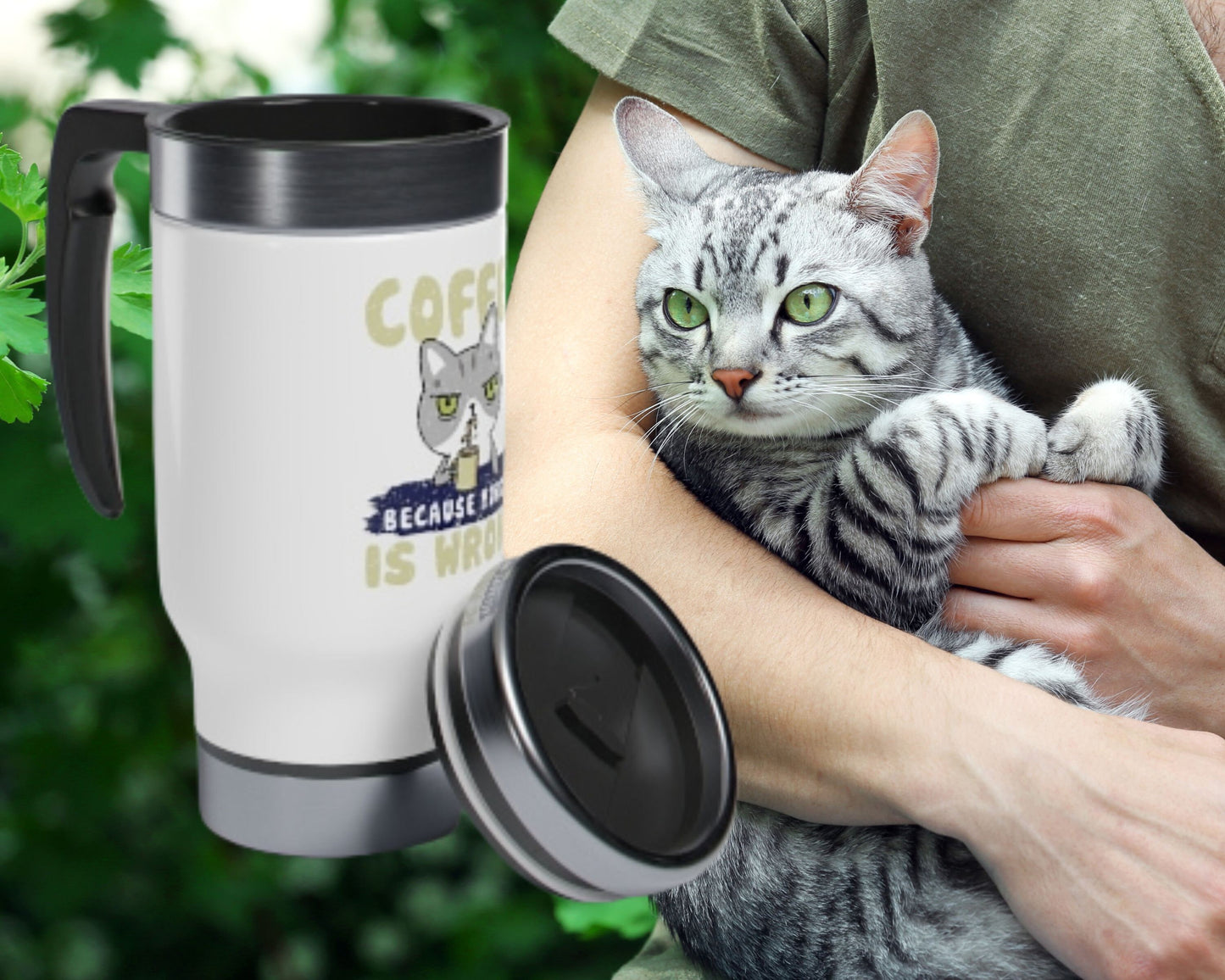 Coffee Because Murder is Wrong, Funny Cat Lover Coffee Mug, Cat Present, Stainless Steel Travel Mug with Handle, 14oz