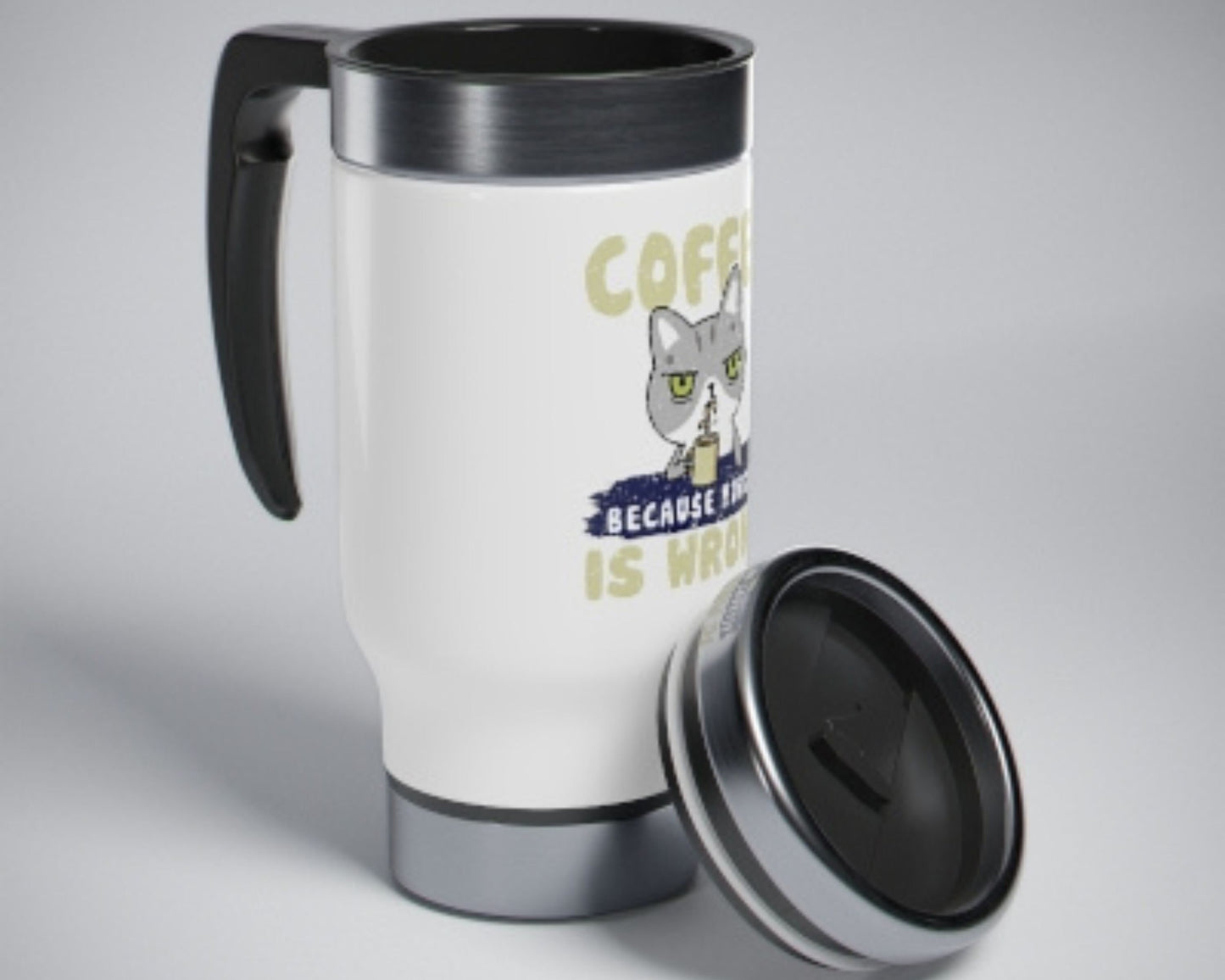 Coffee Because Murder is Wrong, Funny Cat Lover Coffee Mug, Cat Present, Stainless Steel Travel Mug with Handle, 14oz