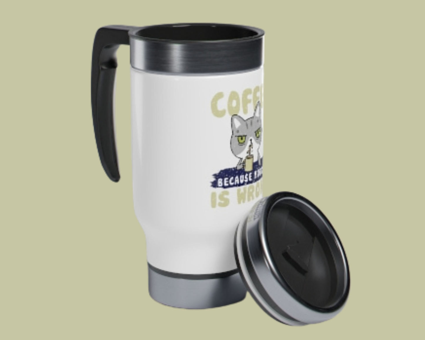 Coffee Because Murder is Wrong, Funny Cat Lover Coffee Mug, Cat Present, Stainless Steel Travel Mug with Handle, 14oz