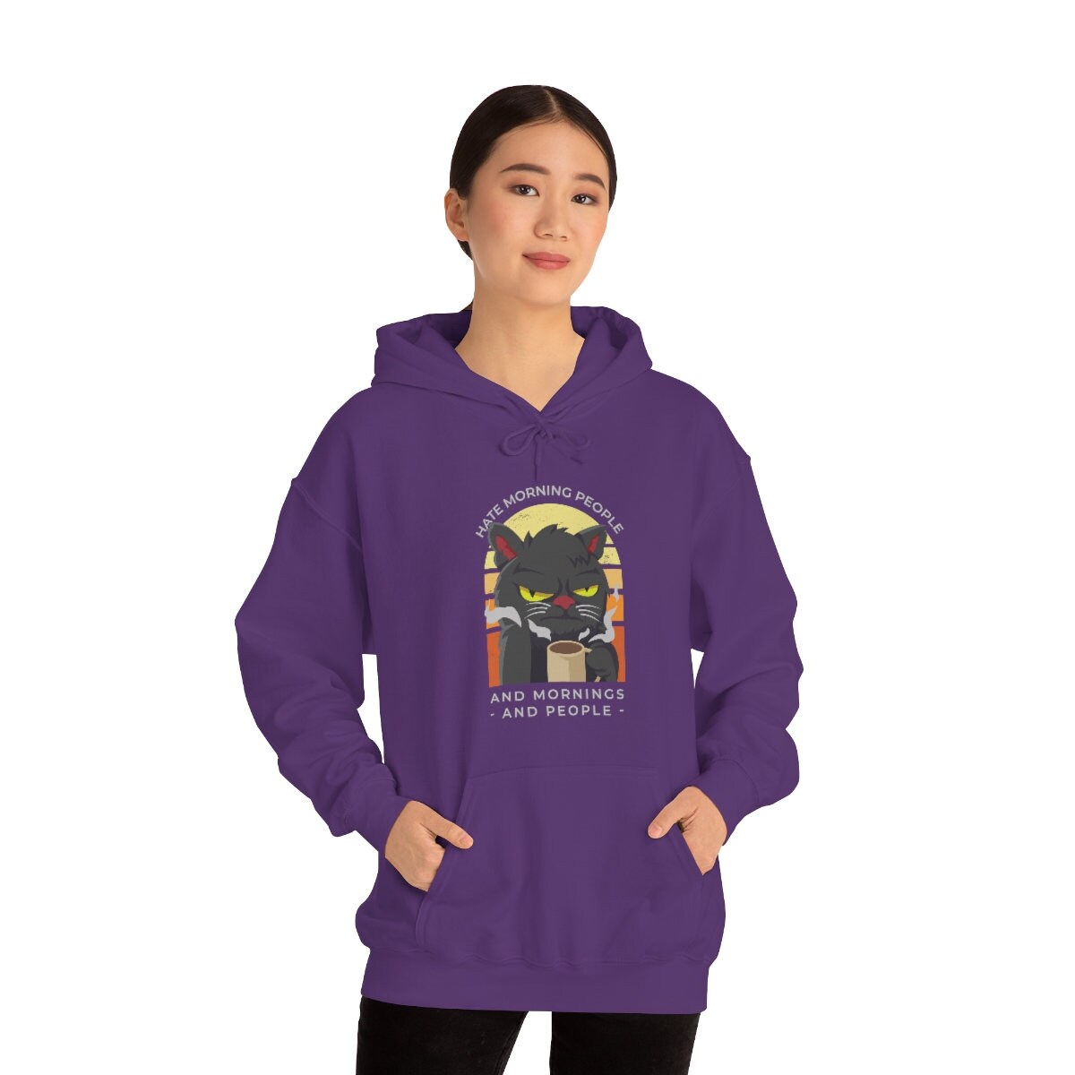 Hate Morning People and Mornings and People, Funny Cat Hoodie, Cat Dad Mom Gift Unisex Heavy Blend Hooded Sweatshirt