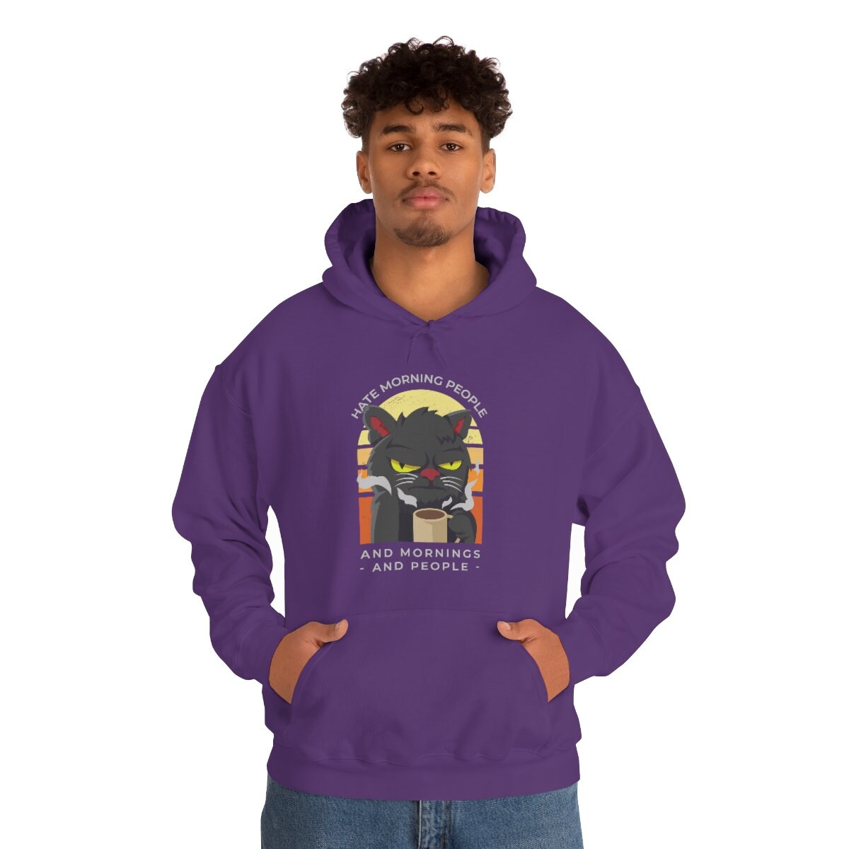 Hate Morning People and Mornings and People, Funny Cat Hoodie, Cat Dad Mom Gift Unisex Heavy Blend Hooded Sweatshirt