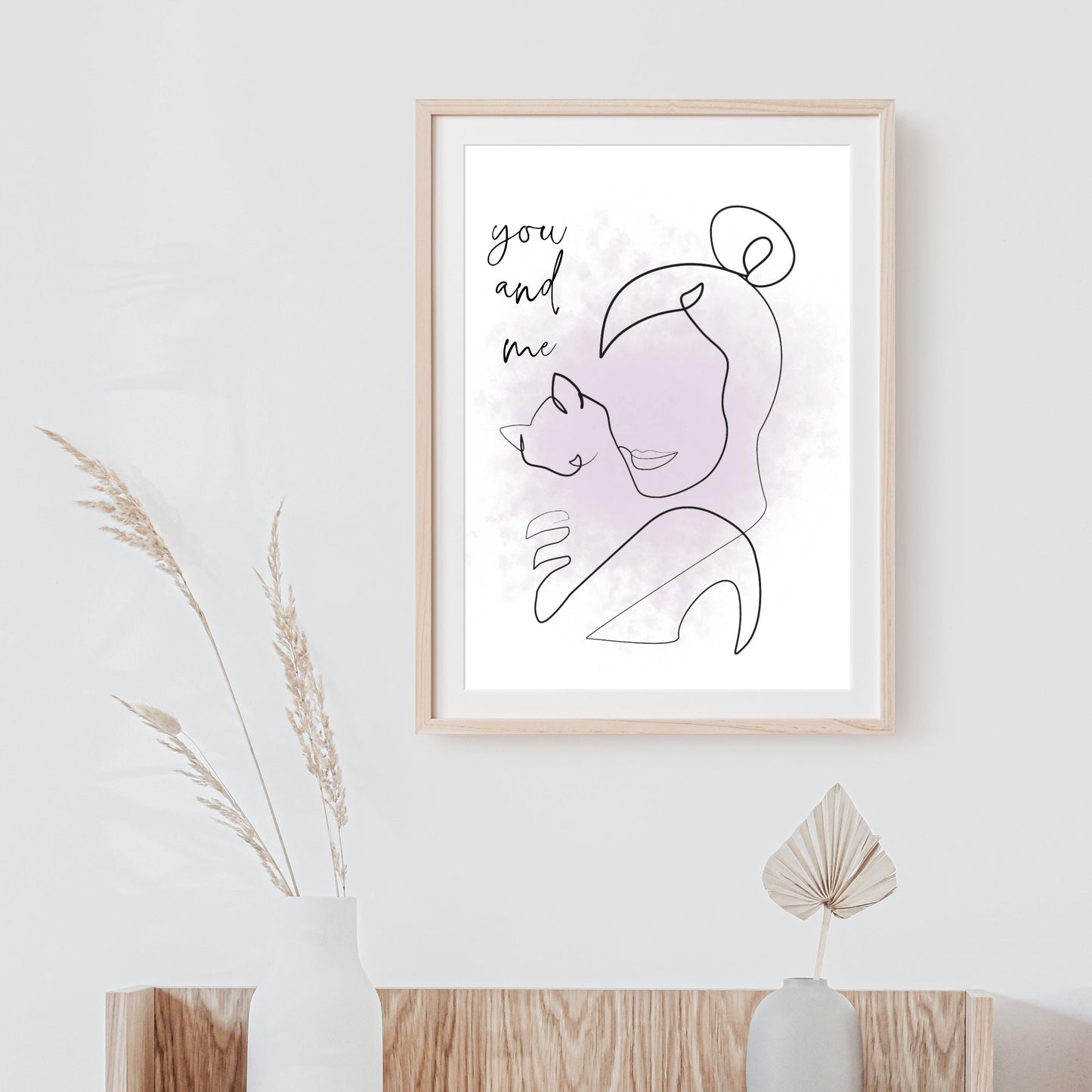 You and Me Cat Line Art Bohemian Blush Splash Art Deco Printable Digital Wall Art Gift for Cat Mom Dad Lover