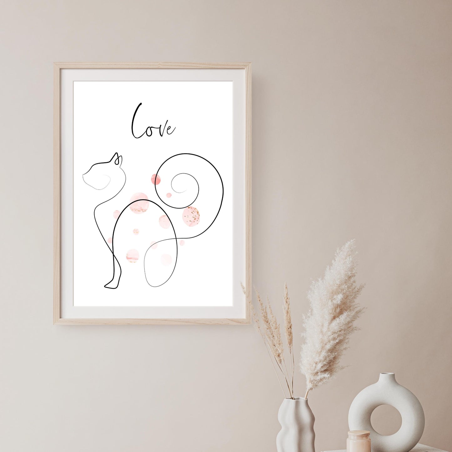 Love Cat Line Art Bohemian Pink Bubbles Art Deco Printable Digital Wall Art Gift for Cat Mom Dad Lover