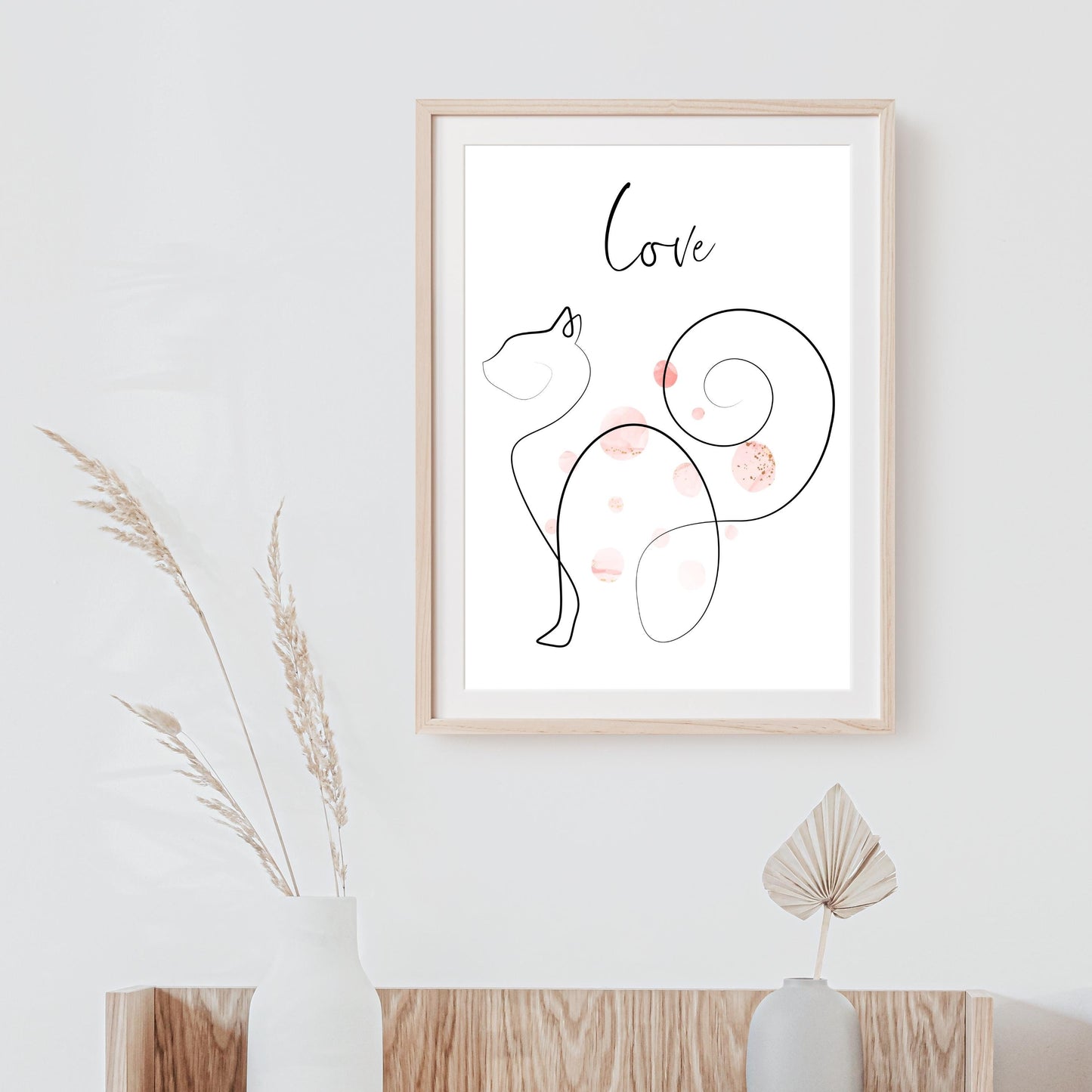 Love Cat Line Art Bohemian Pink Bubbles Art Deco Printable Digital Wall Art Gift for Cat Mom Dad Lover