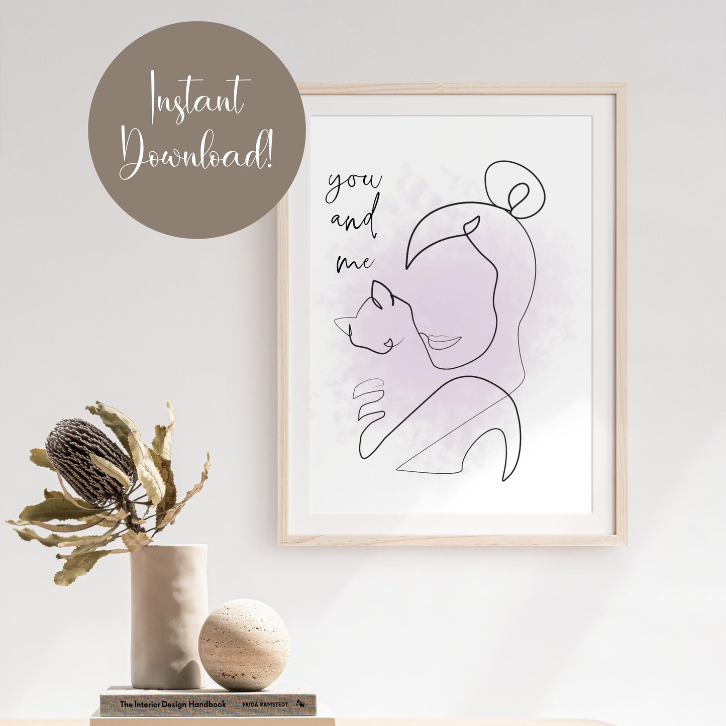 You and Me Cat Line Art Bohemian Blush Splash Art Deco Printable Digital Wall Art Gift for Cat Mom Dad Lover