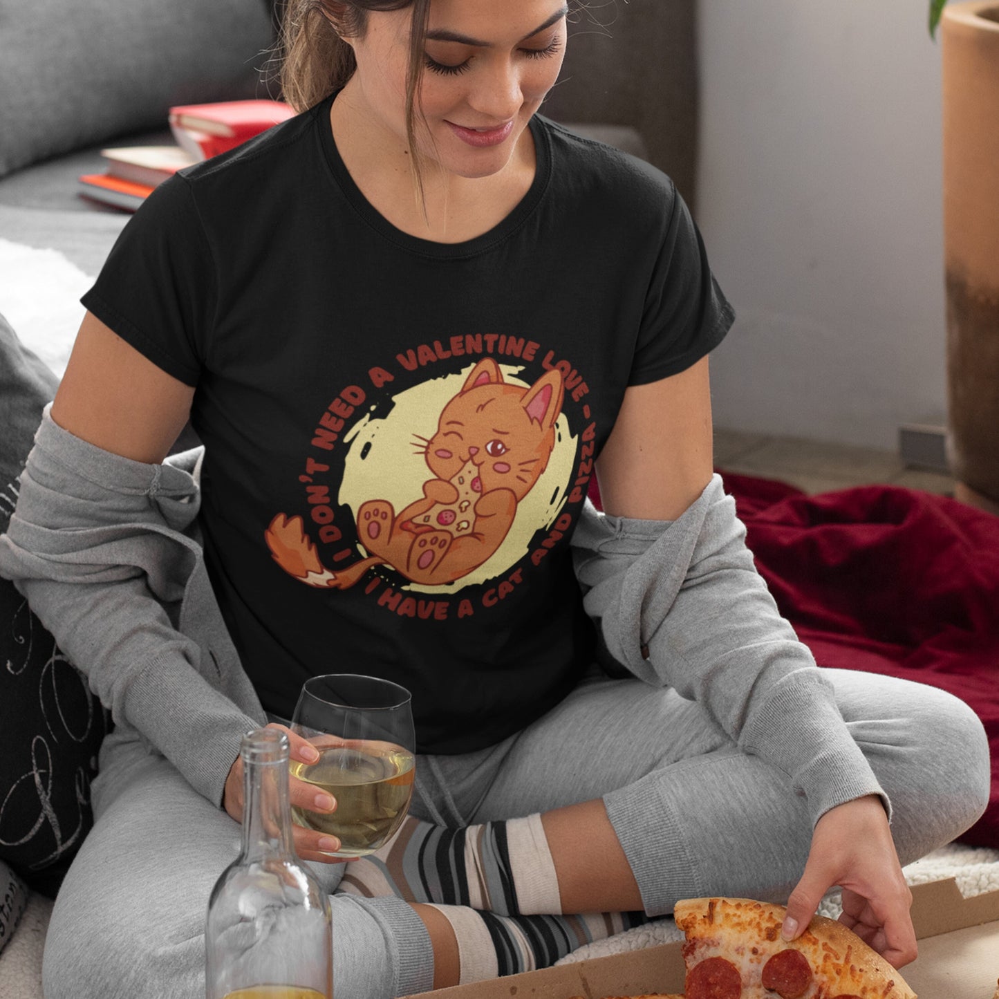 Funny Valentine's Cat Pizza Shirt, I Don't Need a Valentine Love I have a Cat and Pizza, Cat Present Cat Dad Mom