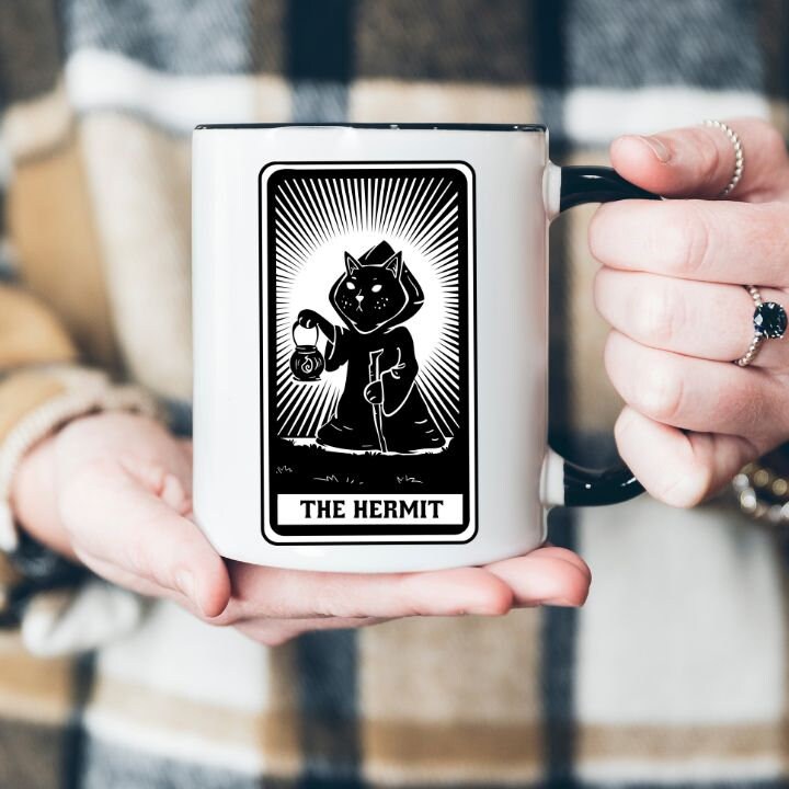 Tarot Card With a Cat Representing The Hermit, Hermit Cat Tarot Card, Black Cat Tarot Card Mug, Cat Dad Mom Mug,  Cute Cat Mug