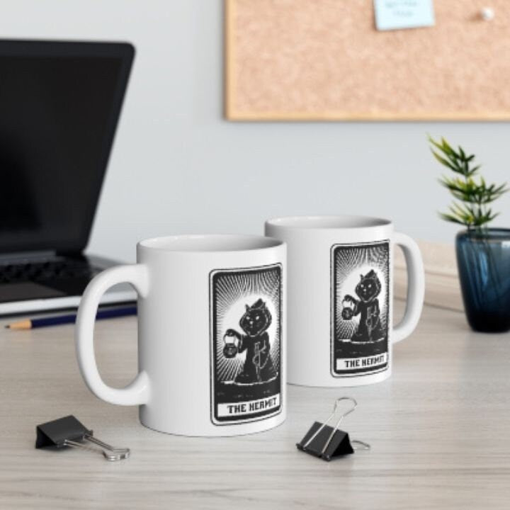 Tarot Card With a Cat Representing The Hermit, Hermit Cat Tarot Card, Black Cat Tarot Card Mug, Cat Dad Mom Mug,  Cute Cat Mug