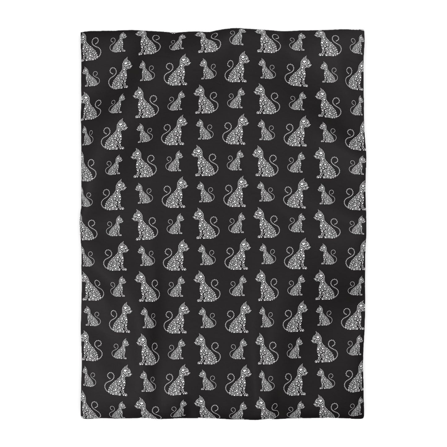 White Boho Cat Pattern on Black Microfiber Duvet Cover