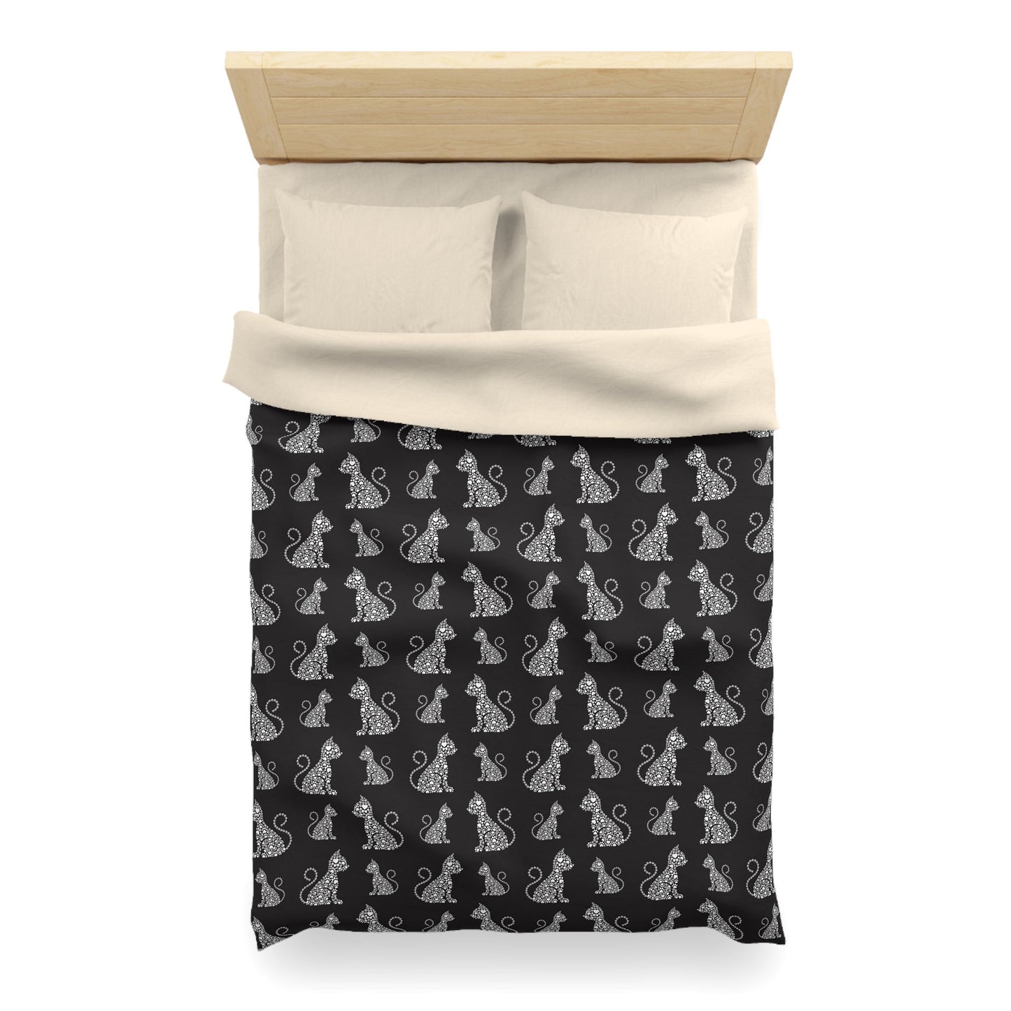 White Boho Cat Pattern on Black Microfiber Duvet Cover