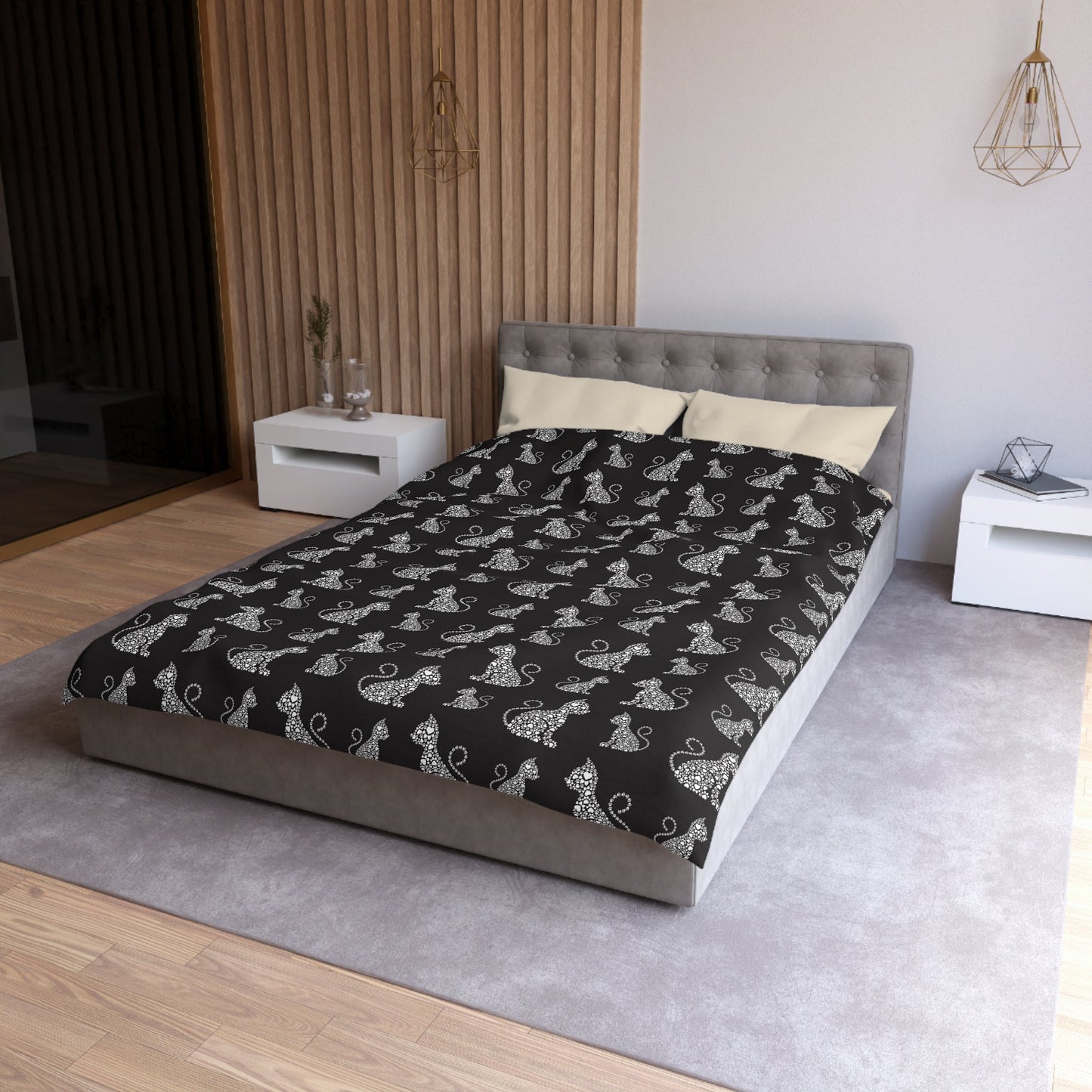 White Boho Cat Pattern on Black Microfiber Duvet Cover
