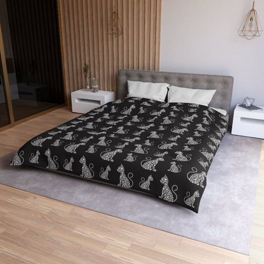 White Boho Cat Pattern on Black Microfiber Duvet Cover