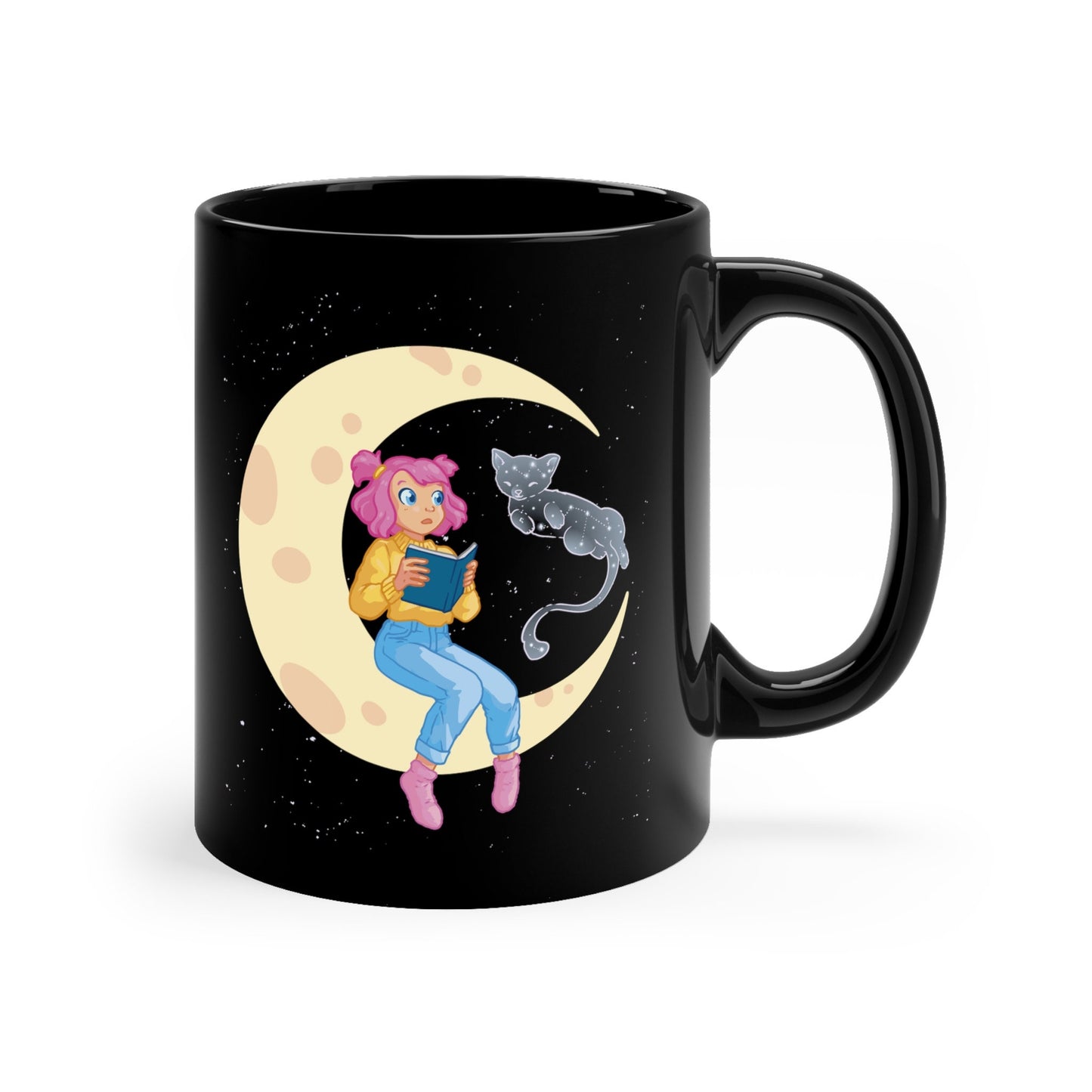 Celestial Girl and Cat on a Moon, Zodiac Gift, Gift for Cat Lover, Cat Present 11oz Black Mug