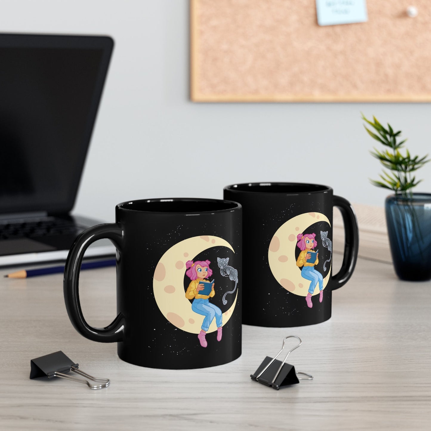 Celestial Girl and Cat on a Moon, Zodiac Gift, Gift for Cat Lover, Cat Present 11oz Black Mug