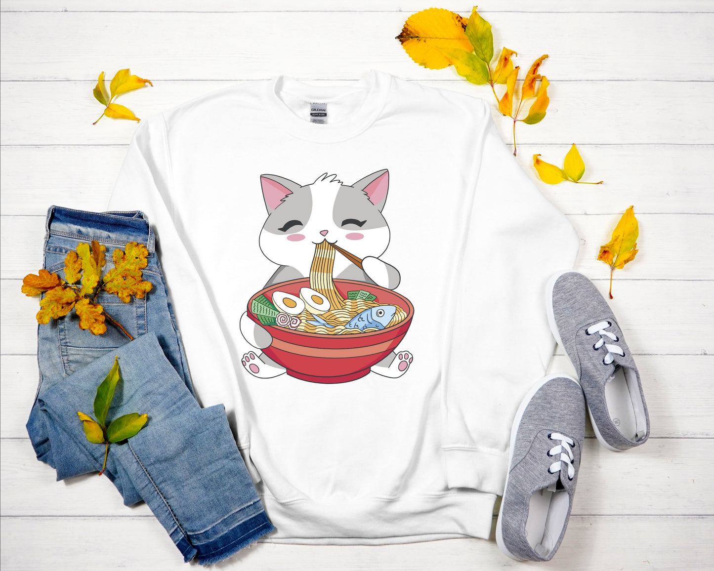 Cat Ramen Sweatshirt, Kawaii Anime Sweatshirt, Japanese Long Sleeve Shirt, Korean Noodle Tee, Cute Ramen Kitten Graphic Crewneck Sweatshirt
