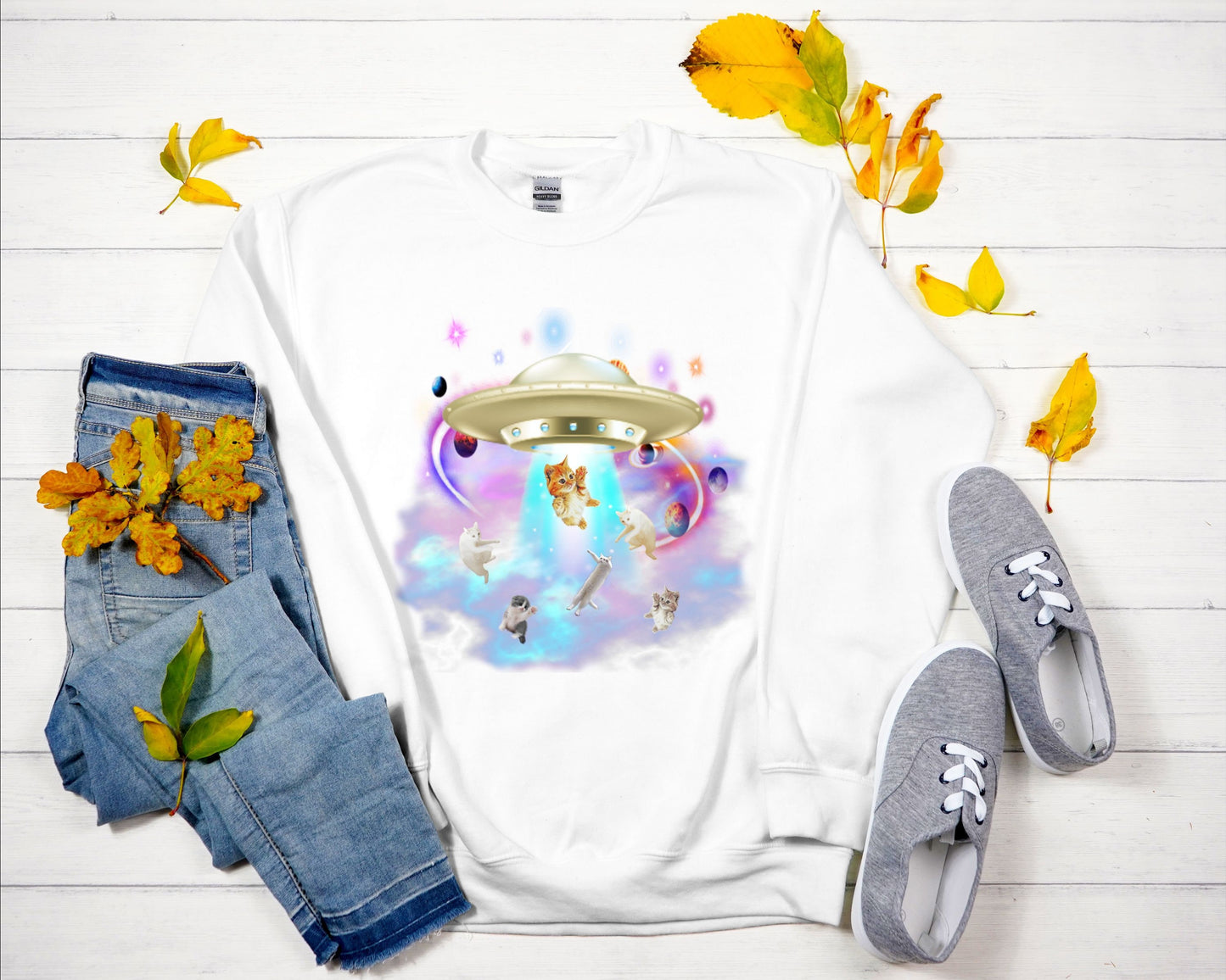 Cat UFO Abduction Unisex Heavy Blend Crewneck Sweatshirt, Funny UFO Cat Shirt, Catduction Gift for Cat Lovers