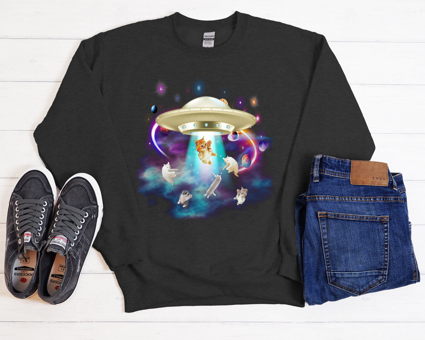 Cat UFO Abduction Unisex Heavy Blend Crewneck Sweatshirt, Funny UFO Cat Shirt, Catduction Gift for Cat Lovers