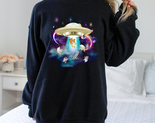 Cat UFO Abduction Unisex Heavy Blend Crewneck Sweatshirt, Funny UFO Cat Shirt, Catduction Gift for Cat Lovers