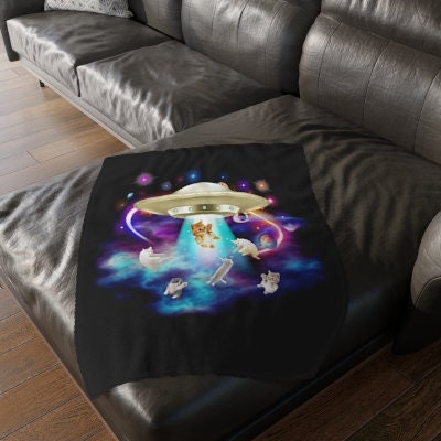 Cat Abduction, Cat UFO Abduction, Funny UFO Cat Throw, Catduction Gift for Cat Lovers, Velveteen Minky Blanket (Two-sided print)