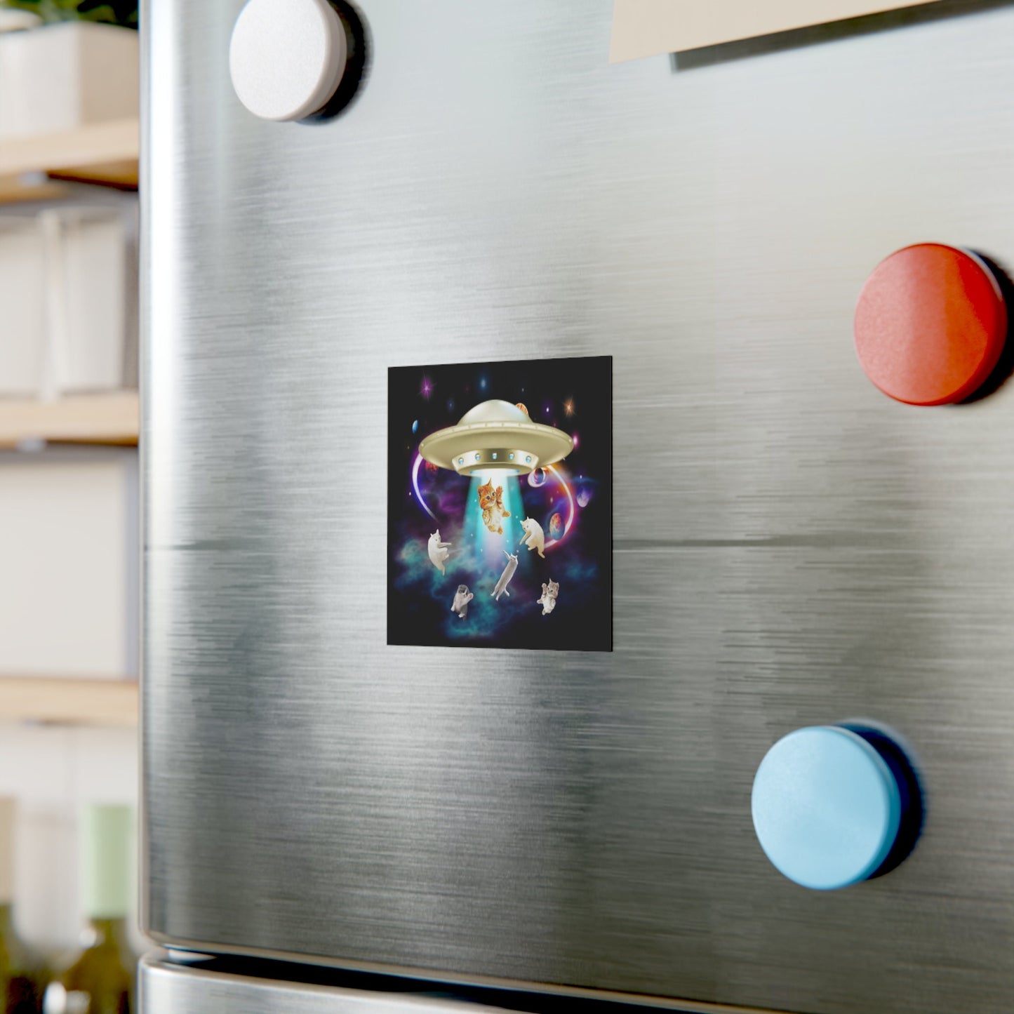 Cat UFO Abduction Magnet, Funny UFO Cat Magnet, Catduction Gift for Cat Lover, Cat Gift, Fridge Magnet, Square Magnet