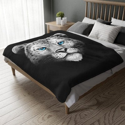Snow Leopard Portrait Blanket, Blue Eyed Cat Throw, Gift for Cat Lovers, Velveteen Minky Blanket (Two-sided print)