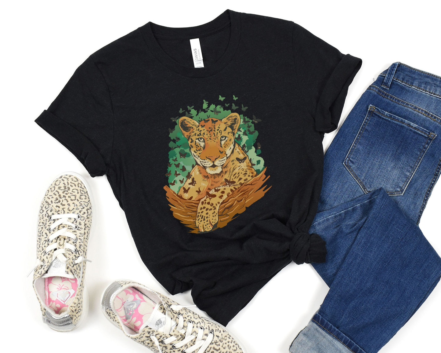 Leopard and Butterflies Tee, Gift for Cat Lovers, Leopard Gift, Butterfly Gift, Gift for Cat Lover, Unisex Jersey Short Sleeve Tee