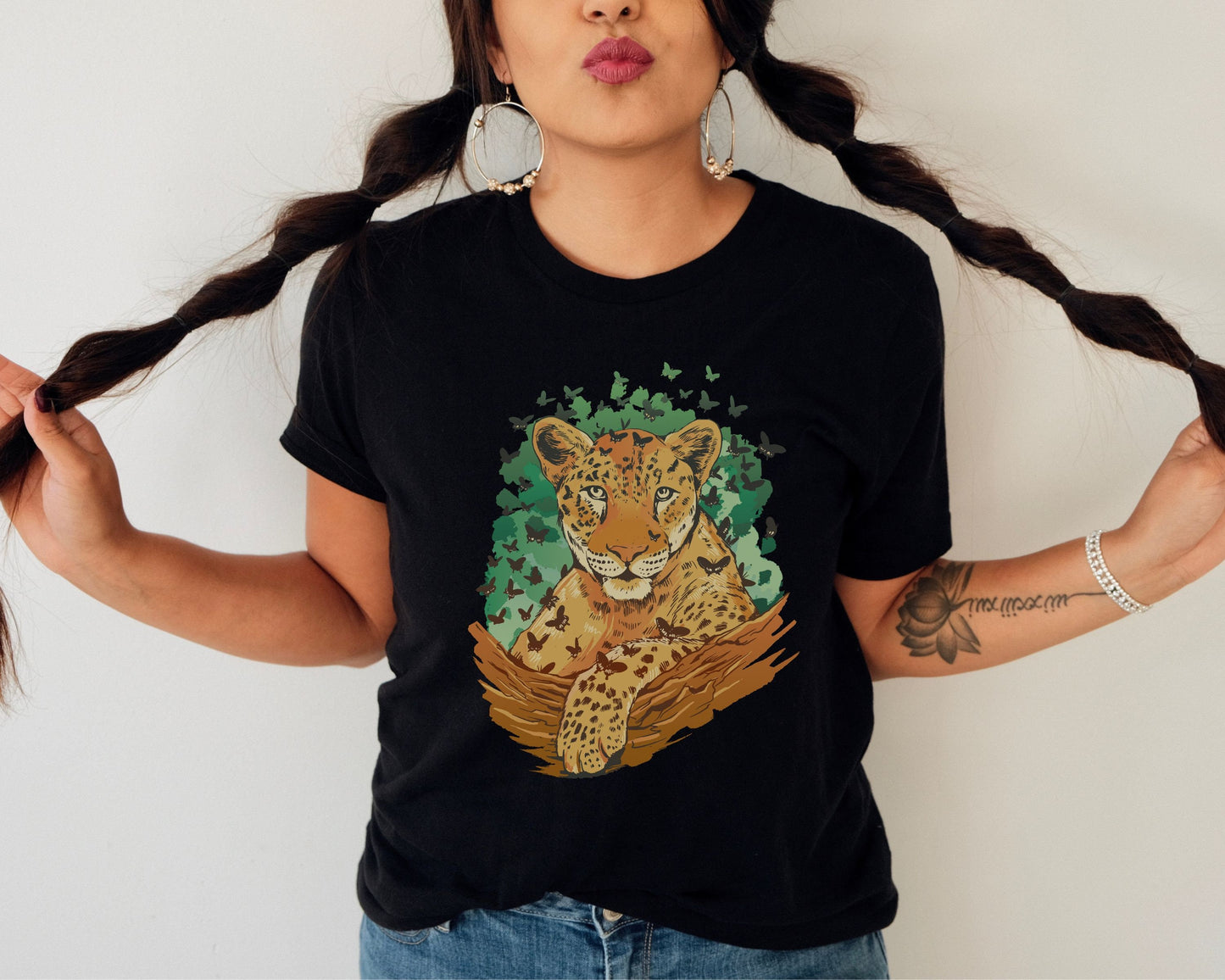 Leopard and Butterflies Tee, Gift for Cat Lovers, Leopard Gift, Butterfly Gift, Gift for Cat Lover, Unisex Jersey Short Sleeve Tee