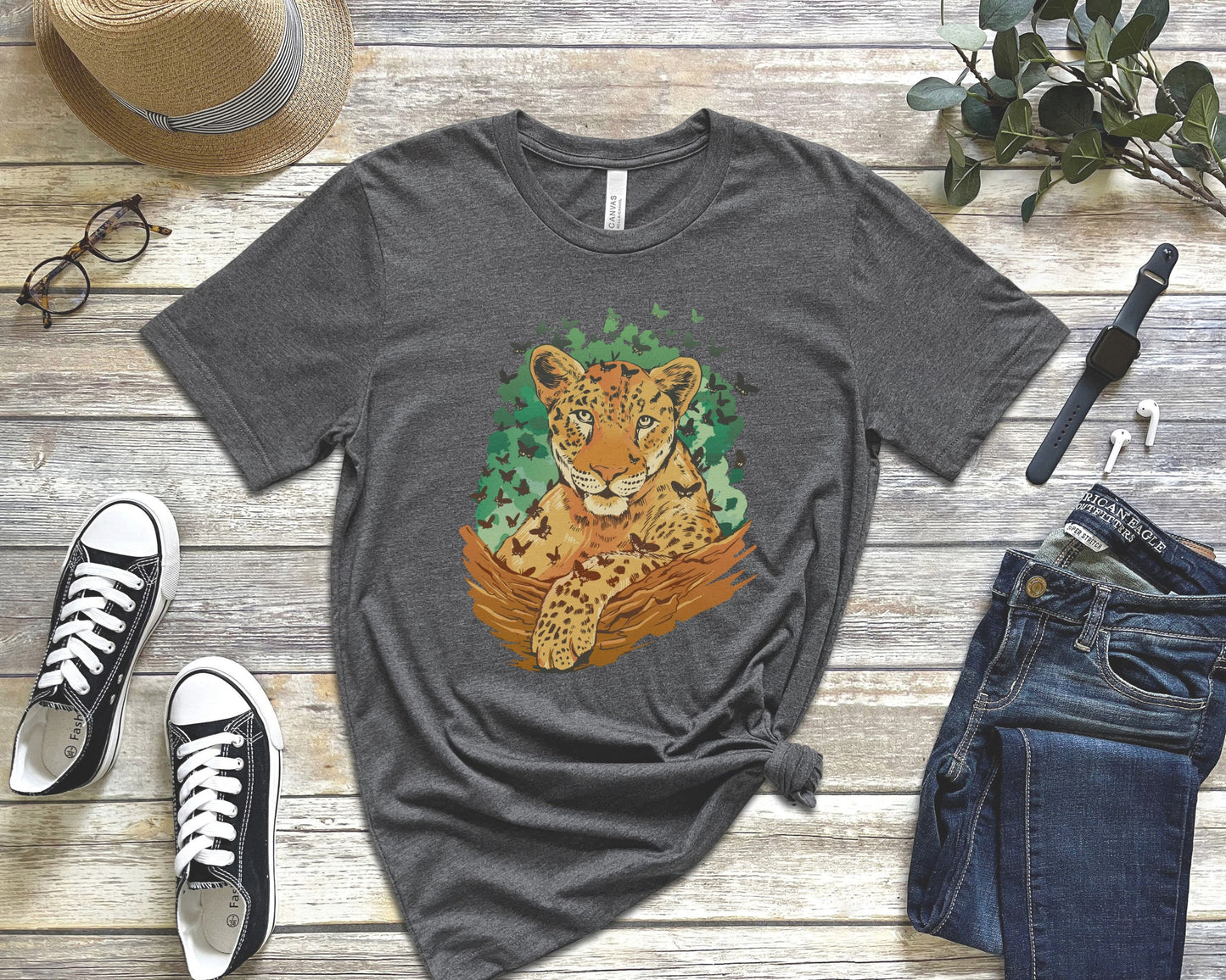 Leopard and Butterflies Tee, Gift for Cat Lovers, Leopard Gift, Butterfly Gift, Gift for Cat Lover, Unisex Jersey Short Sleeve Tee