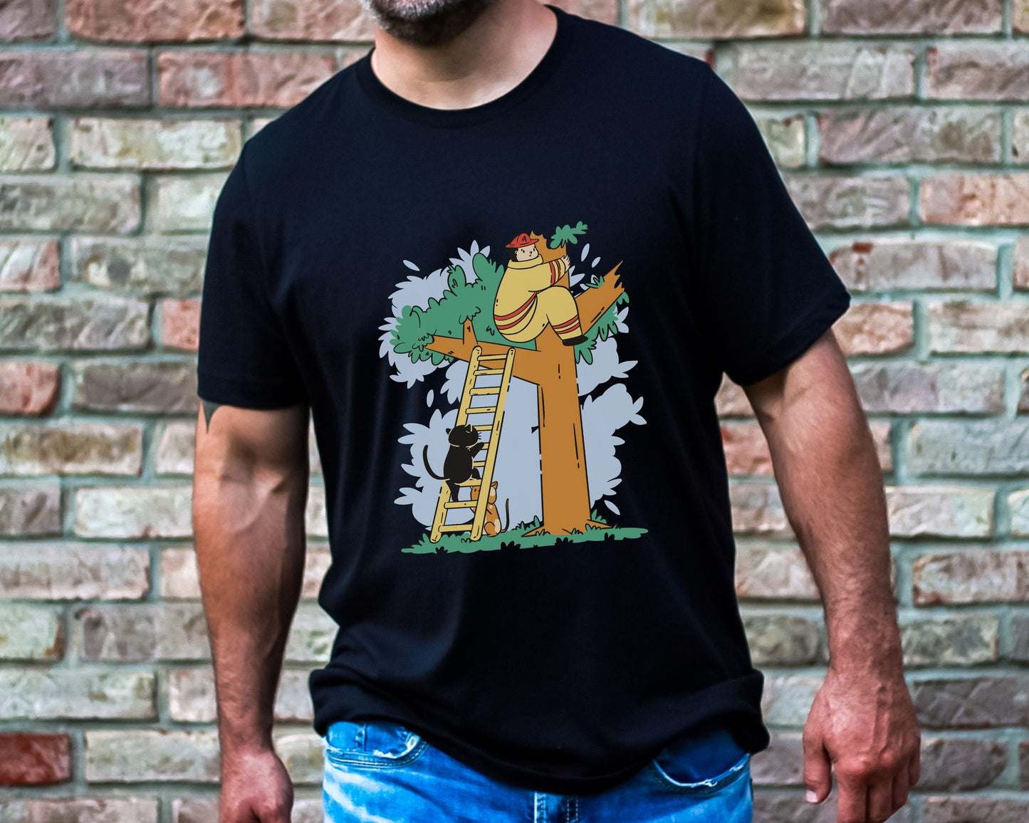 Cats Rescuing Firefighter, Funny Cat Tee, Firefighter Tshirt, Gift for Cat Lover Firefighter, Fire Rescue Gift, Unisex Heavy Cotton Tee