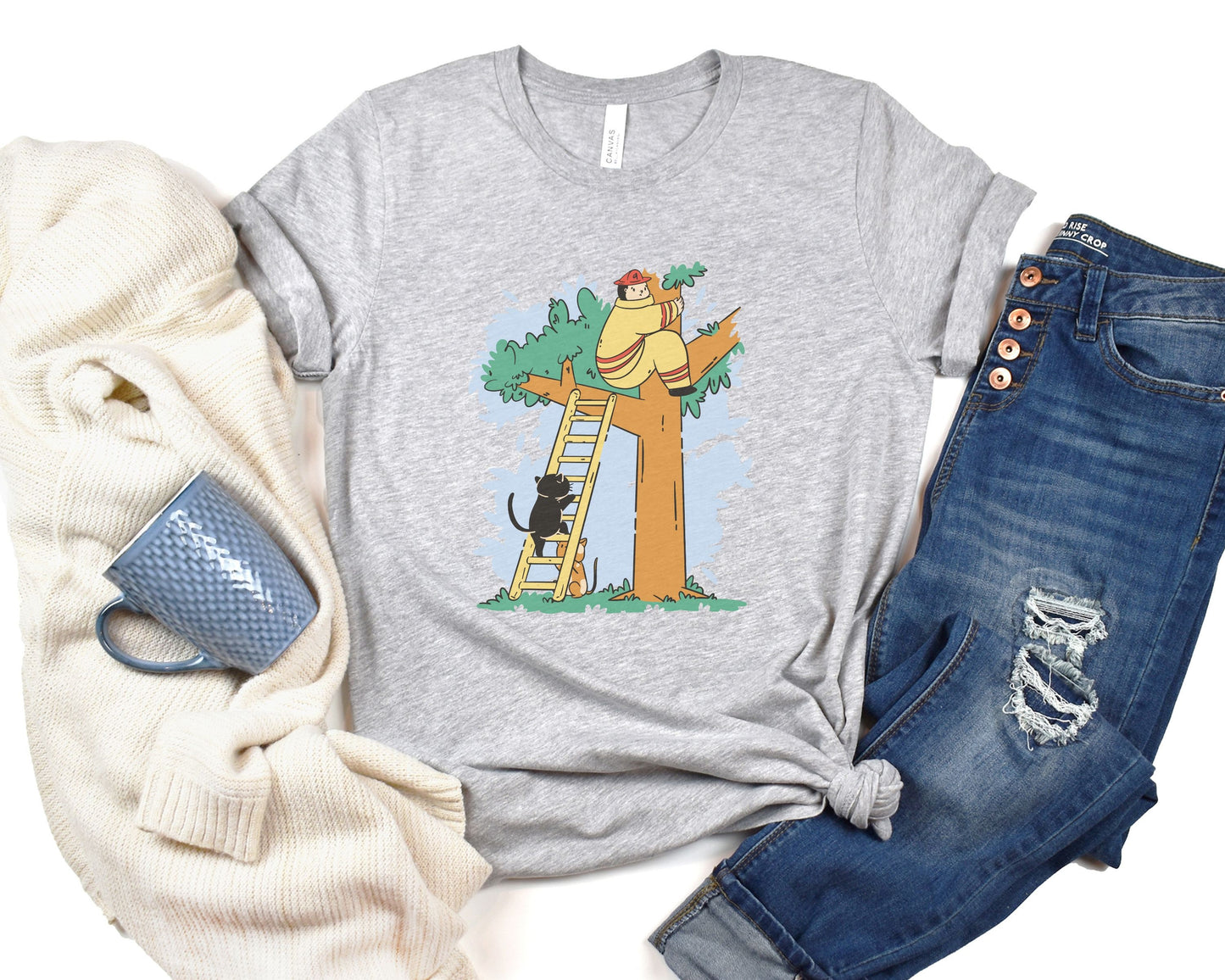 Cats Rescuing Firefighter, Funny Cat Tee, Firefighter Tshirt, Gift for Cat Lover Firefighter, Fire Rescue Gift, Unisex Heavy Cotton Tee