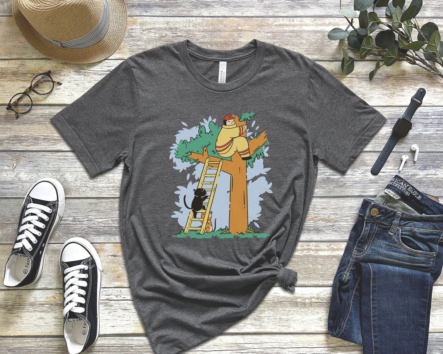 Cats Rescuing Firefighter, Funny Cat Tee, Firefighter Tshirt, Gift for Cat Lover Firefighter, Fire Rescue Gift, Unisex Heavy Cotton Tee
