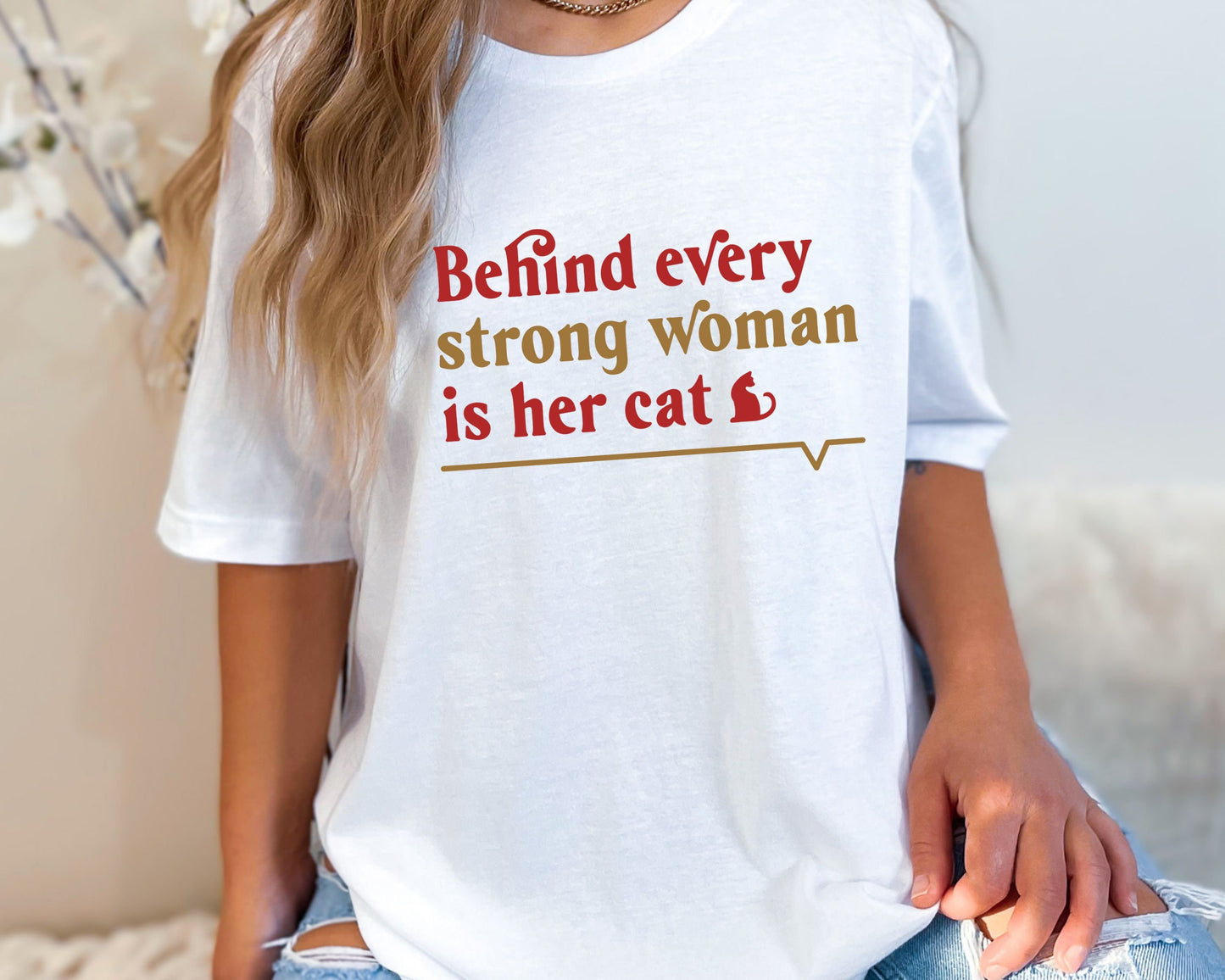 Funny Cat Shirt, Behind Every Strong Woman is Her Cat, Gift for Cat Lover, Cat Mom Present, Mother's Day Tee, Unisex Jersey Short Sleeve Tee