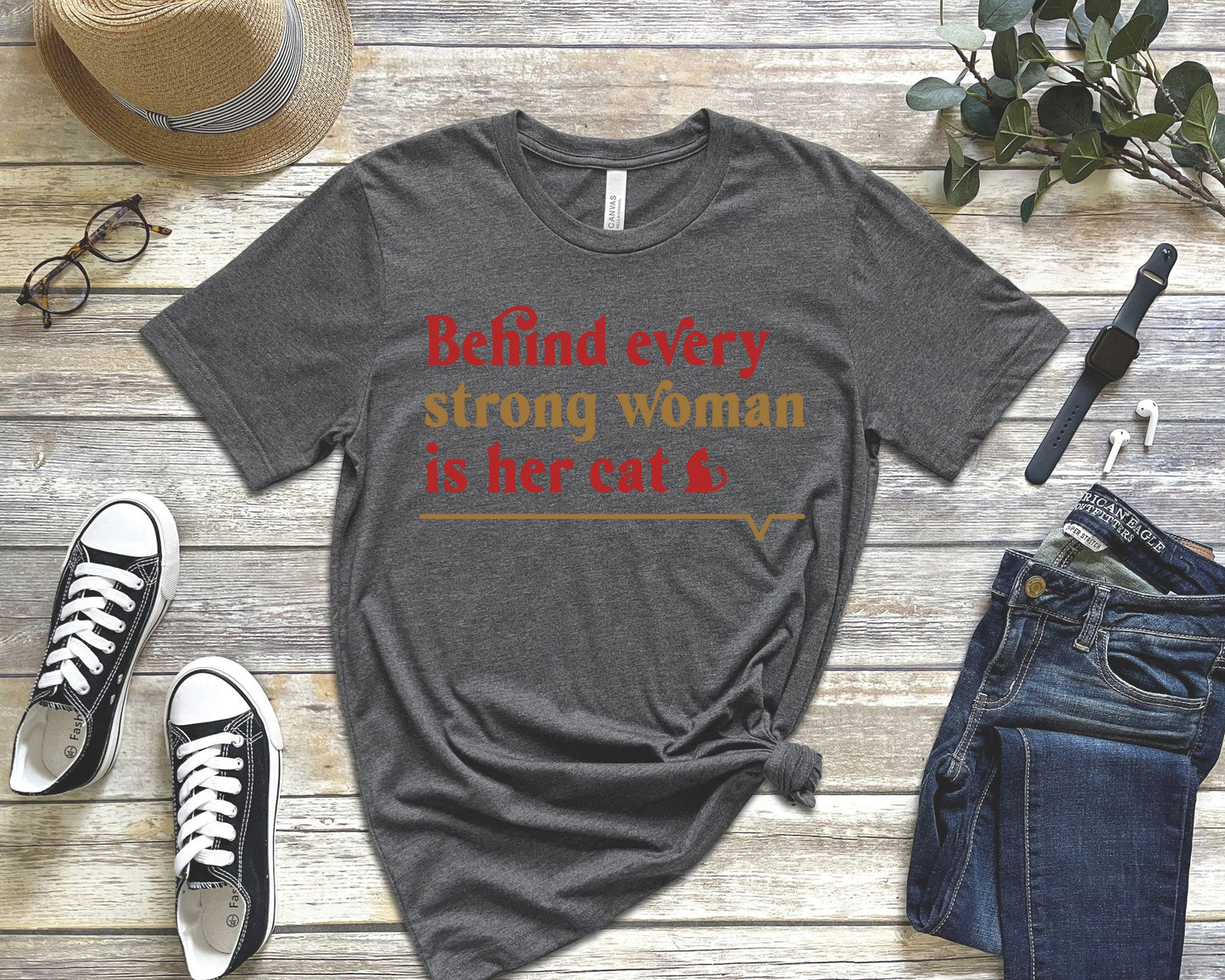 Funny Cat Shirt, Behind Every Strong Woman is Her Cat, Gift for Cat Lover, Cat Mom Present, Mother's Day Tee, Unisex Jersey Short Sleeve Tee