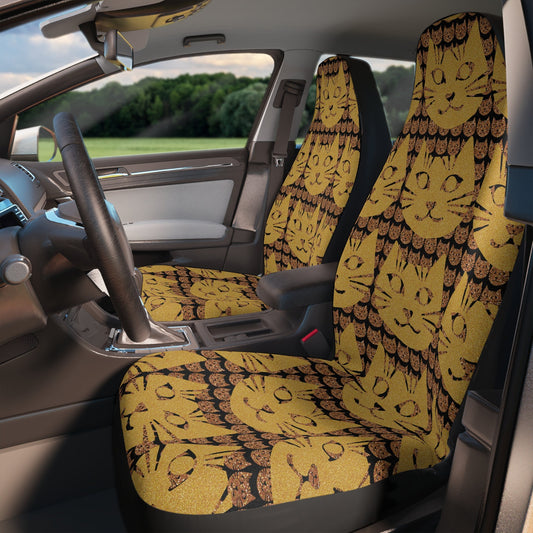 Gold Cat Face Pattern Car Seat Covers Pair, 2 Front Car Seat Covers, Seat Cover for Car, Car Seat Protector, Car Accessory, Cat Lover Gift
