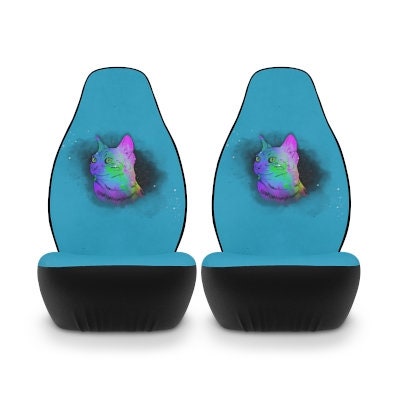 Turquoise Rainbow Space Cat Seat Covers Pair, 2 Front Car Seat Covers, Seat Cover for Car, Car Seat Protector, Car Accessory, Cat Present