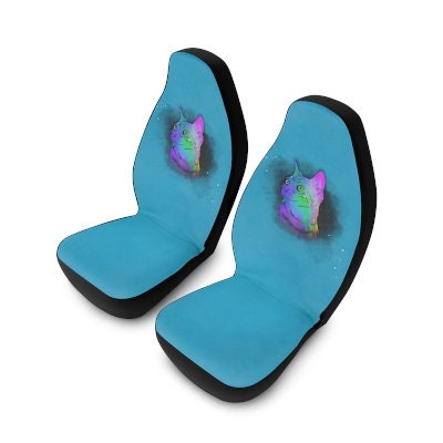 Turquoise Rainbow Space Cat Seat Covers Pair, 2 Front Car Seat Covers, Seat Cover for Car, Car Seat Protector, Car Accessory, Cat Present