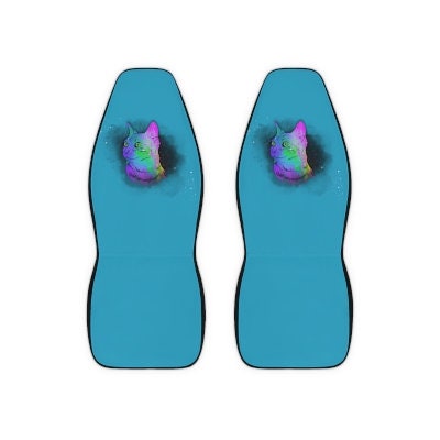 Turquoise Rainbow Space Cat Seat Covers Pair, 2 Front Car Seat Covers, Seat Cover for Car, Car Seat Protector, Car Accessory, Cat Present