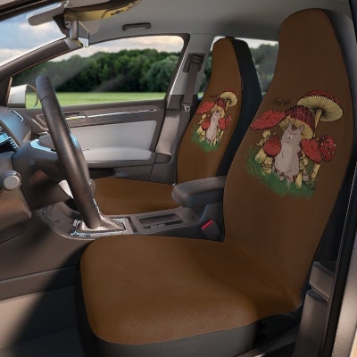 Mushrooms and Cat Car Seat Cover For Women, Cottagecore Cute Brown and Red Front Bucket Seat Covers For Car Vehicle, Nature Seat Covers