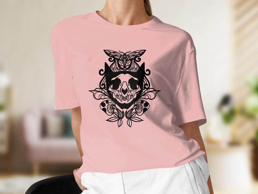 Celestial Cat Skull Tshirt with Mushroom Butterfly, Candy Skull Witchy Tshirt for Women