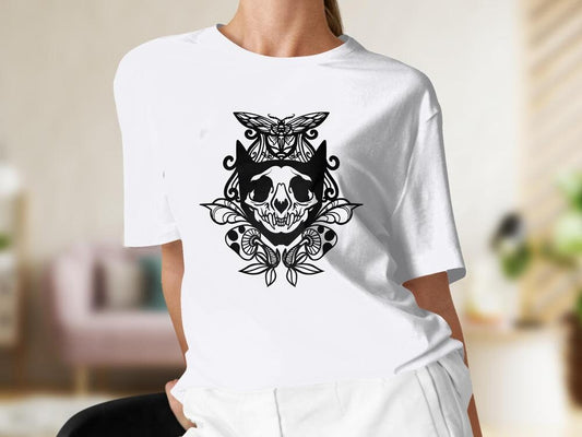 Celestial Cat Skull Tshirt with Mushroom Butterfly, Candy Skull Witchy Tshirt for Women