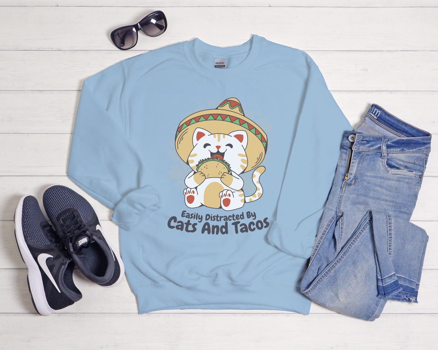 Funny Cats and Tacos Sweatshirt, Easily Distracted by Cats Shirt, Cat Mom Dad Lady Gift, Cat Present, Taco Lover Gift
