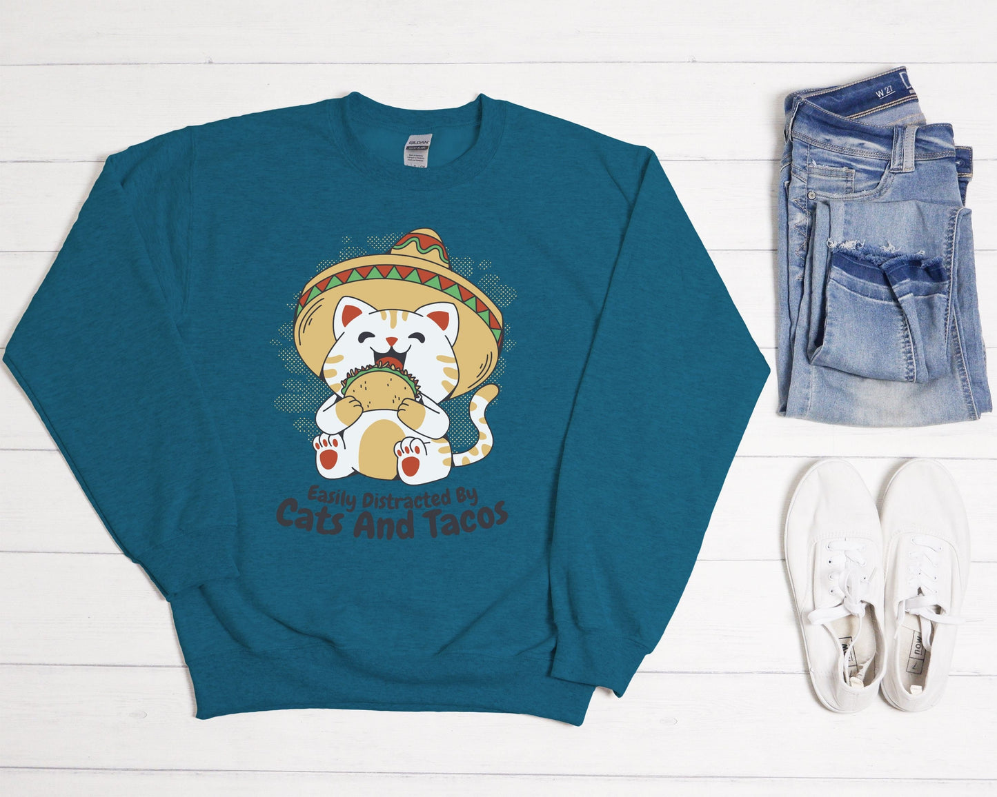 Funny Cats and Tacos Sweatshirt, Easily Distracted by Cats Shirt, Cat Mom Dad Lady Gift, Cat Present, Taco Lover Gift