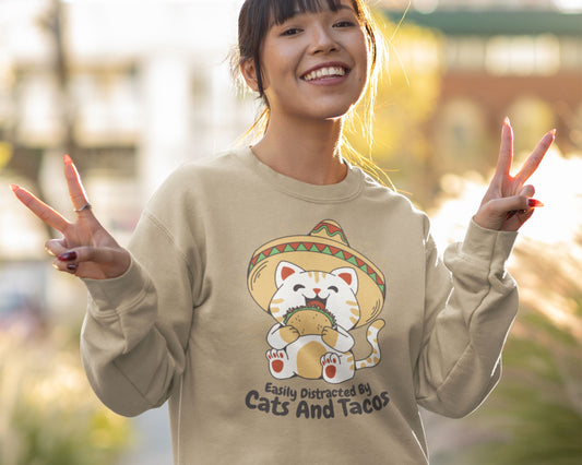 Funny Cats and Tacos Sweatshirt, Easily Distracted by Cats Shirt, Cat Mom Dad Lady Gift, Cat Present, Taco Lover Gift